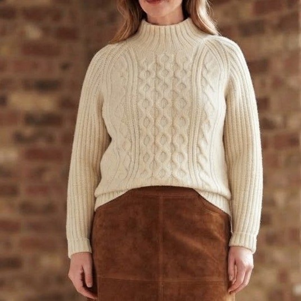 Cable Knit Sweater Womens Large Cream Mock Neck Ribbed Winter Preppy Classic